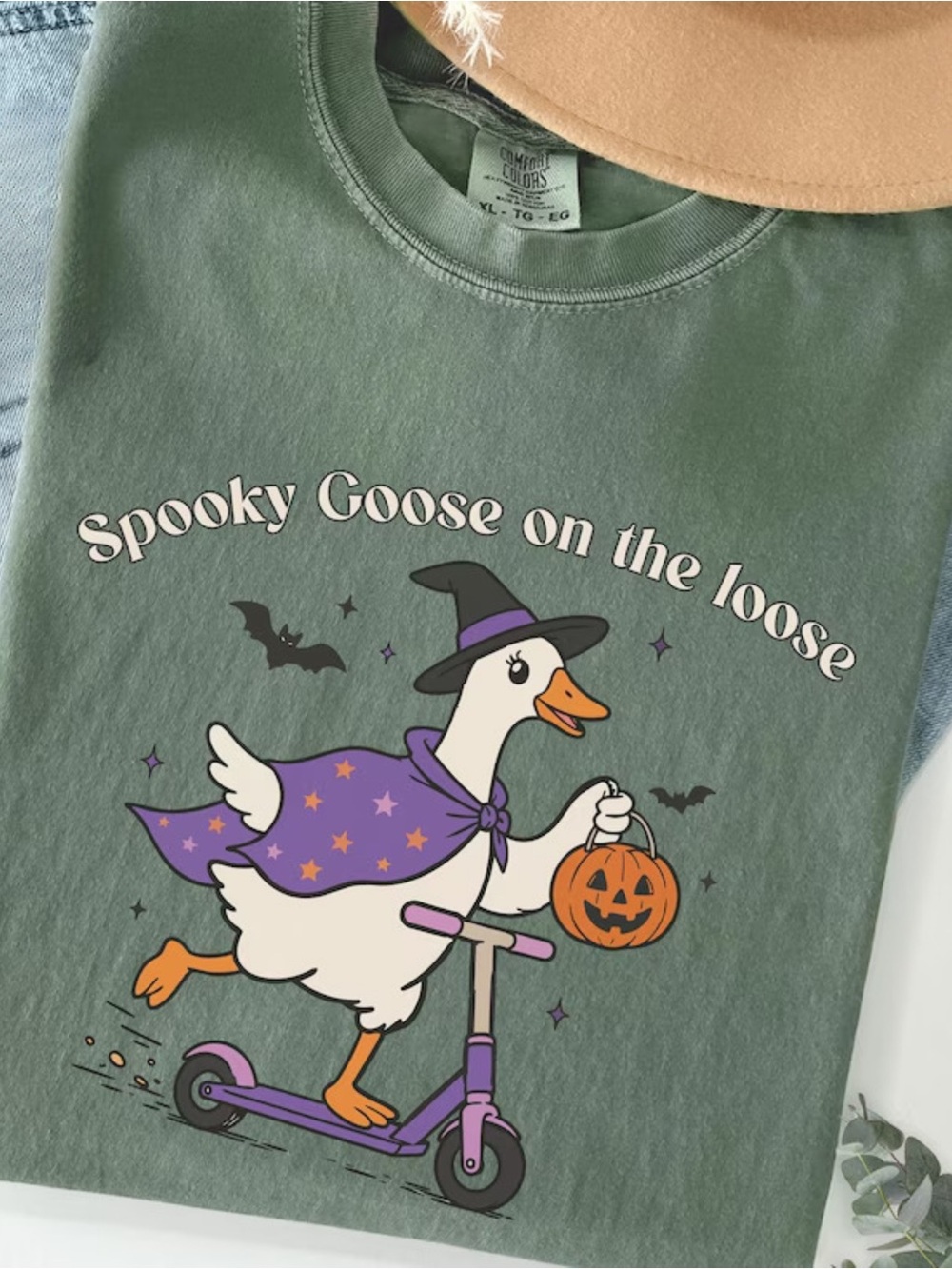 Comfort Colors Moss Green 'Spooky Goose' Halloween Tee